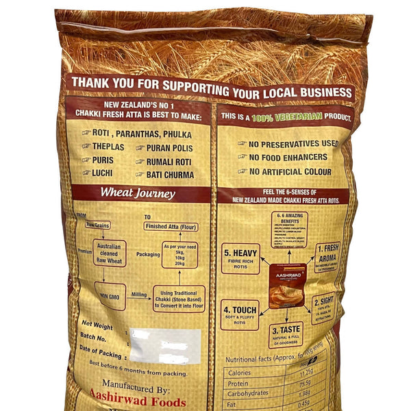 Aashirwad NZ Made Atta 20Kg - NON-GMO Whole Wheat Flour