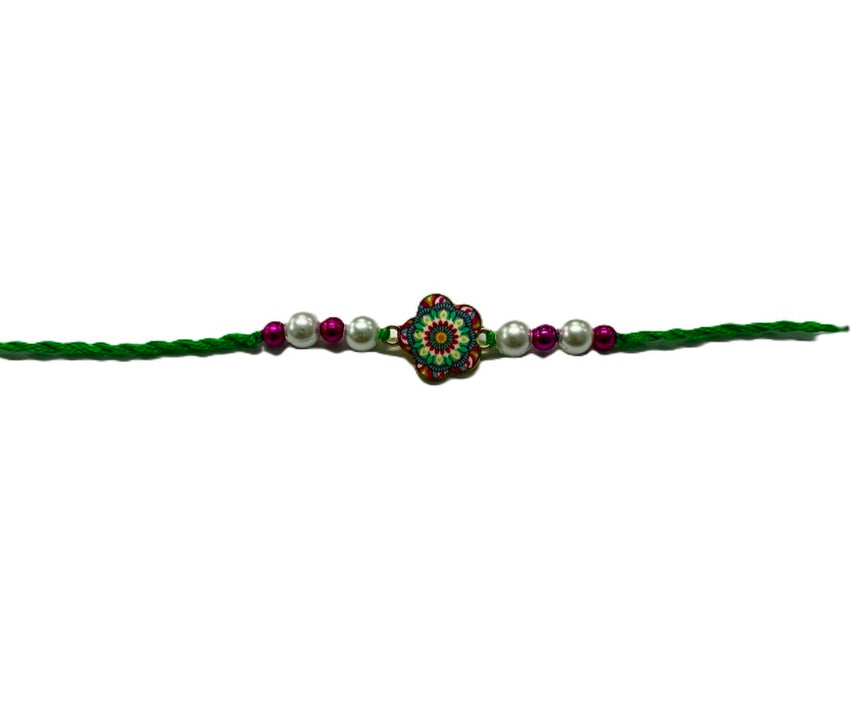 Rakhi Green Pink Thread Flower