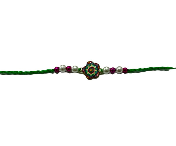 Rakhi Green Pink Thread Flower