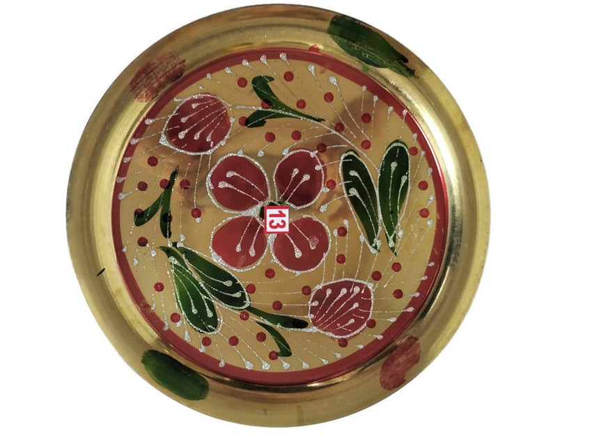 Brass - Puja Thali with Red and Green Decoration with silver lining