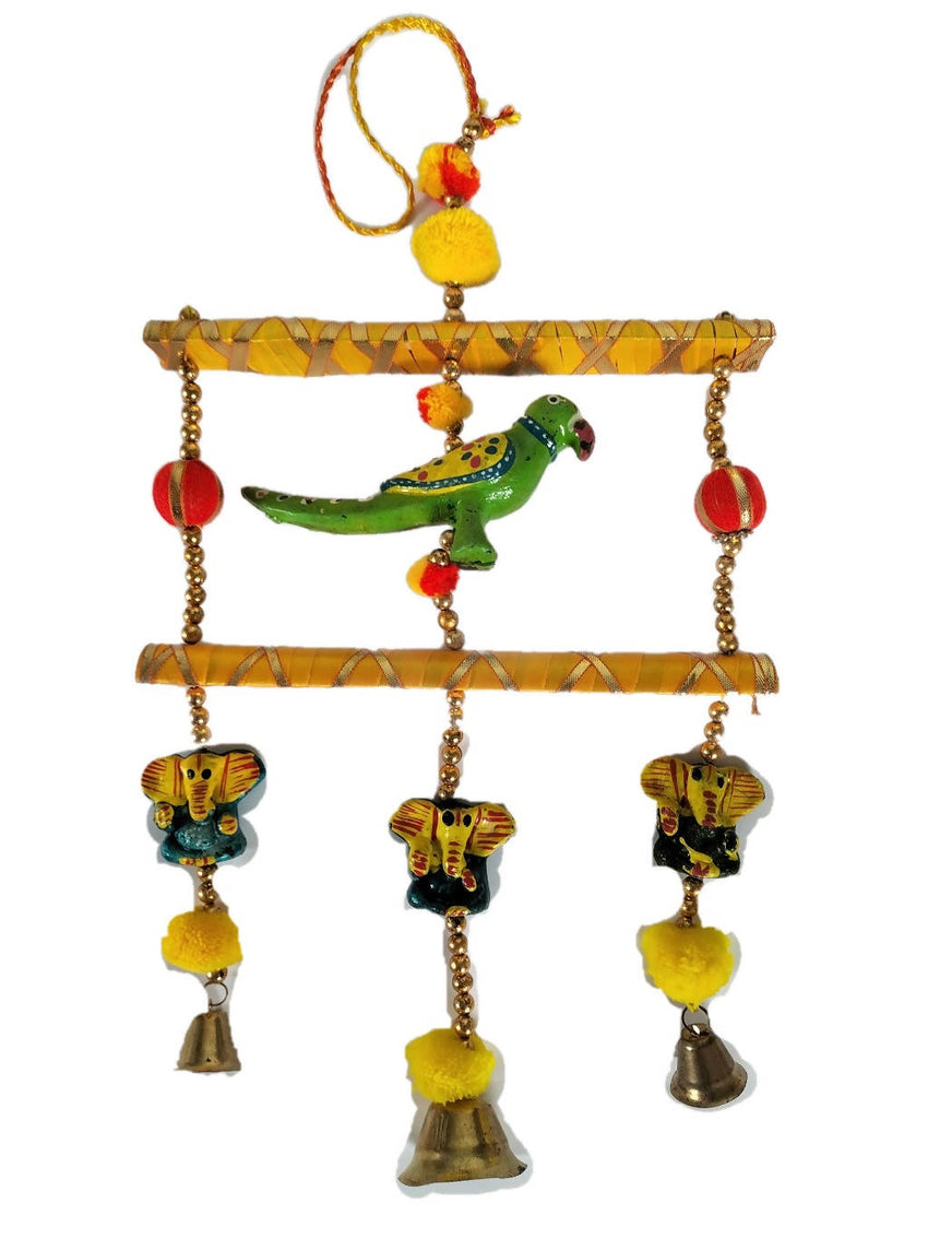 Parrot Door or Wall Hanging with Bells and Ganesh